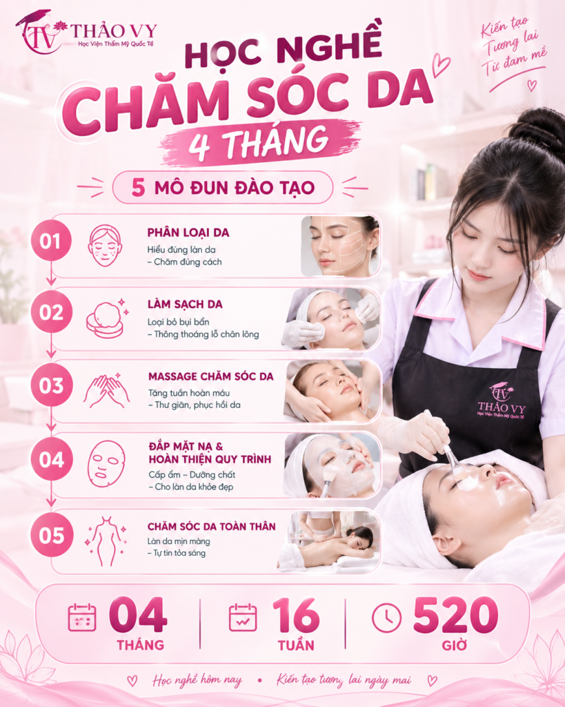 Chương trình học nghề chăm sóc da sơ cấp 4 tháng gồm 5 mô đun